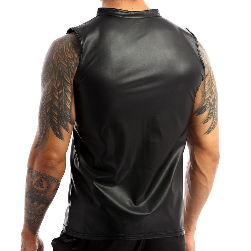 Black Wet Look Faux Leather Tank Top / Round Neck Zipper Vest / Men's Sexy Outfits - EVE's SECRETS