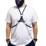Body Faux Leather Bondage / Men Waist Harness Belt With Silver Chain / Black Straps with O-Ring - EVE's SECRETS