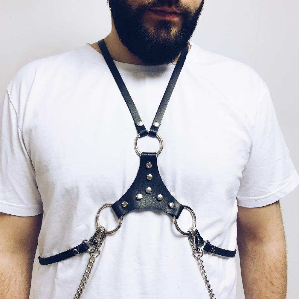 Body Faux Leather Bondage / Men Waist Harness Belt With Silver Chain / Black Straps with O-Ring - EVE's SECRETS