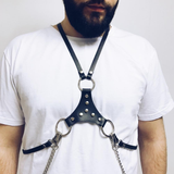 Body Faux Leather Bondage / Men Waist Harness Belt With Silver Chain / Black Straps with O-Ring - EVE's SECRETS