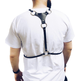Body Faux Leather Bondage / Men Waist Harness Belt With Silver Chain / Black Straps with O-Ring - EVE's SECRETS