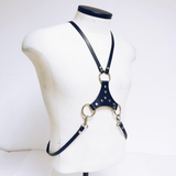 Body Faux Leather Bondage / Men Waist Harness Belt With Silver Chain / Black Straps with O-Ring - EVE's SECRETS