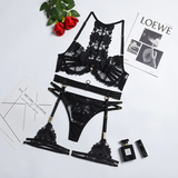 Erotic Black Lace Lingerie Set / Underwire Bras with Panties & Garters / Sexy Underwear of 4-Pieces - EVE's SECRETS