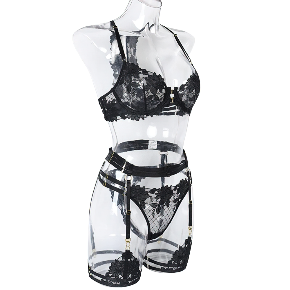 Erotic Black Lace Lingerie Set / Underwire Bras with Panties & Garters / Sexy Underwear of 4-Pieces - EVE's SECRETS