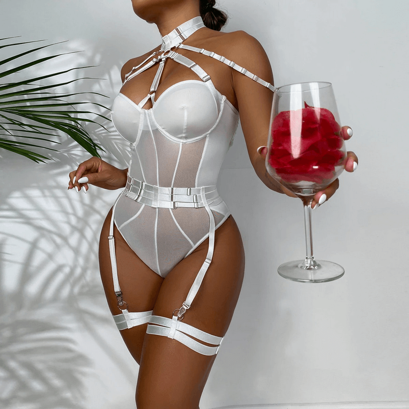 Erotic Female Halter Bodysuit / Fancy Transparent Lingerie With Garters / Sexy Body Outfits - EVE's SECRETS