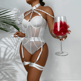 Erotic Female Halter Bodysuit / Fancy Transparent Lingerie With Garters / Sexy Body Outfits - EVE's SECRETS