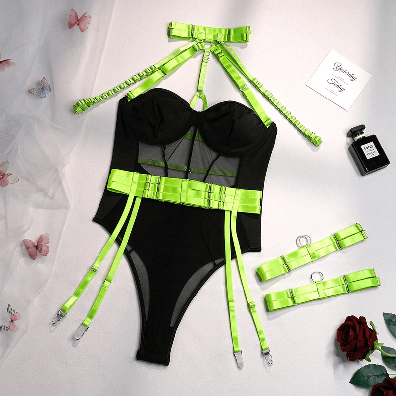 Erotic Female Halter Bodysuit / Fancy Transparent Lingerie With Garters / Sexy Body Outfits - EVE's SECRETS
