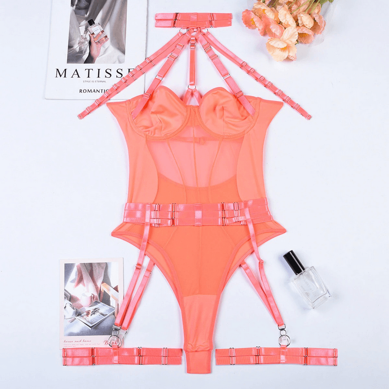 Erotic Female Halter Bodysuit / Fancy Transparent Lingerie With Garters / Sexy Body Outfits - EVE's SECRETS