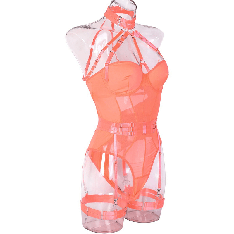 Erotic Female Halter Bodysuit / Fancy Transparent Lingerie With Garters / Sexy Body Outfits - EVE's SECRETS