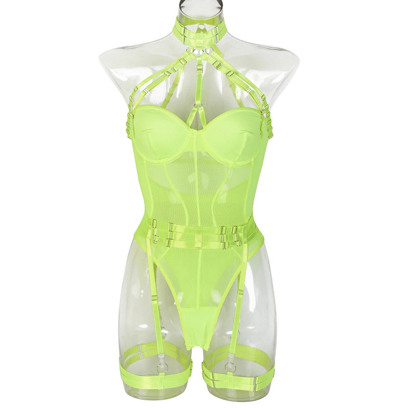 Erotic Female Halter Bodysuit / Fancy Transparent Lingerie With Garters / Sexy Body Outfits - EVE's SECRETS