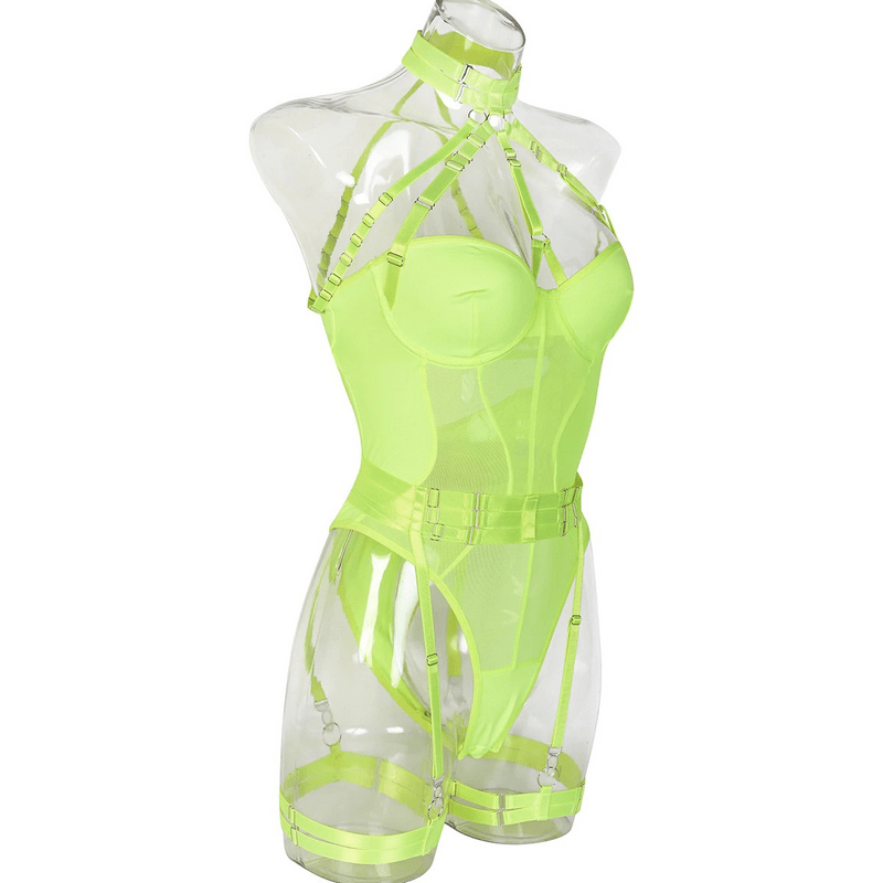 Erotic Female Halter Bodysuit / Fancy Transparent Lingerie With Garters / Sexy Body Outfits - EVE's SECRETS