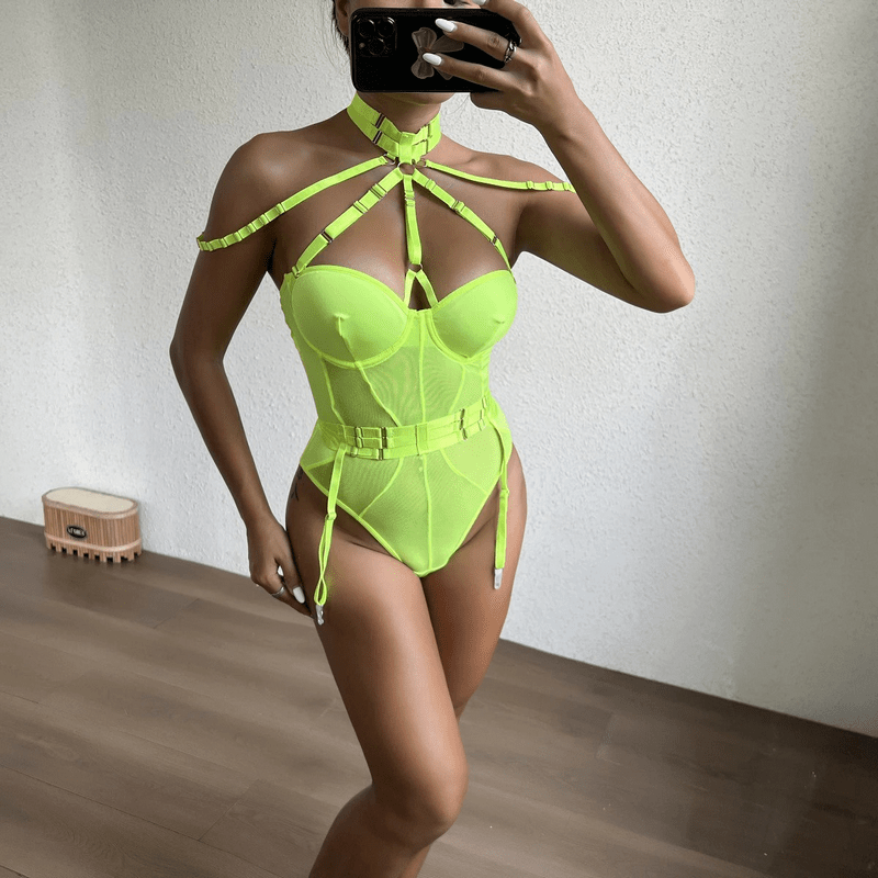 Erotic Female Halter Bodysuit / Fancy Transparent Lingerie With Garters / Sexy Body Outfits - EVE's SECRETS