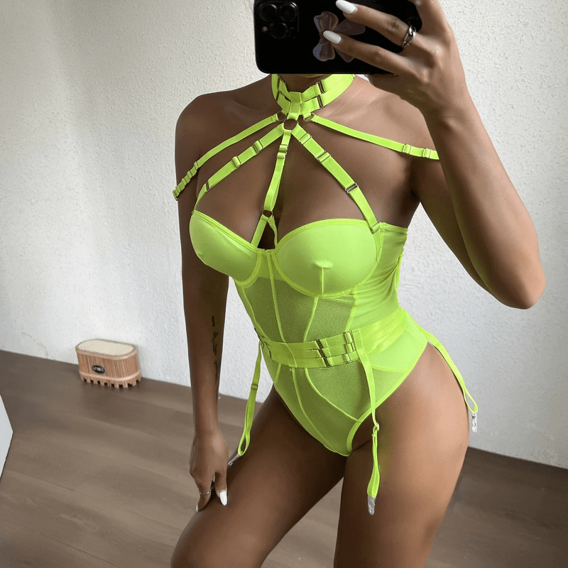 Erotic Female Halter Bodysuit / Fancy Transparent Lingerie With Garters / Sexy Body Outfits - EVE's SECRETS