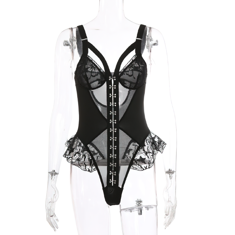 Erotic Lace Bodysuit with Ruffled for Women / Sexy Black Lingerie with Front Closure - EVE's SECRETS