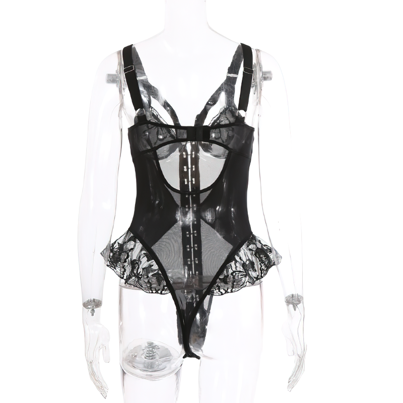 Erotic Lace Bodysuit with Ruffled for Women / Sexy Black Lingerie with Front Closure - EVE's SECRETS