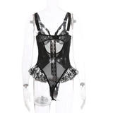 Erotic Lace Bodysuit with Ruffled for Women / Sexy Black Lingerie with Front Closure - EVE's SECRETS