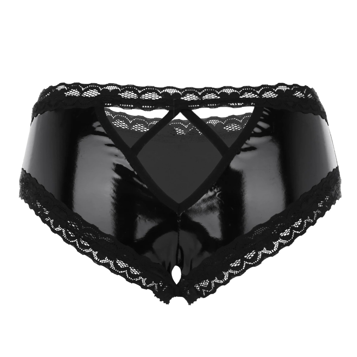 Erotic Lace V-Back Panties / Women's Black Leather Lingerie / Sexy Wet Look Underpants - EVE's SECRETS