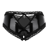 Erotic Lace V-Back Panties / Women's Black Leather Lingerie / Sexy Wet Look Underpants - EVE's SECRETS