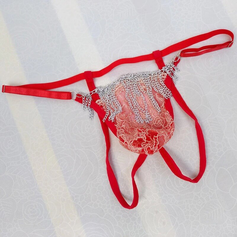 Erotic Men's Open Buttocks Panties / Male Underwear With Floral Lace and Chains - EVE's SECRETS