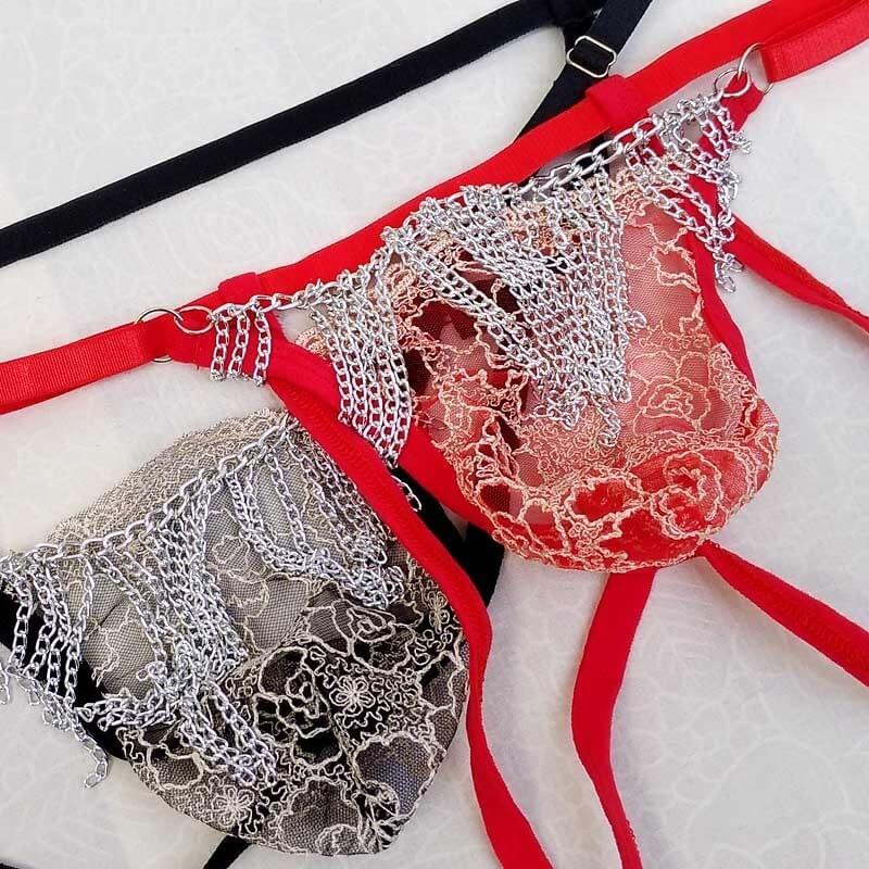 Erotic Men's Open Buttocks Panties / Male Underwear With Floral Lace and Chains - EVE's SECRETS