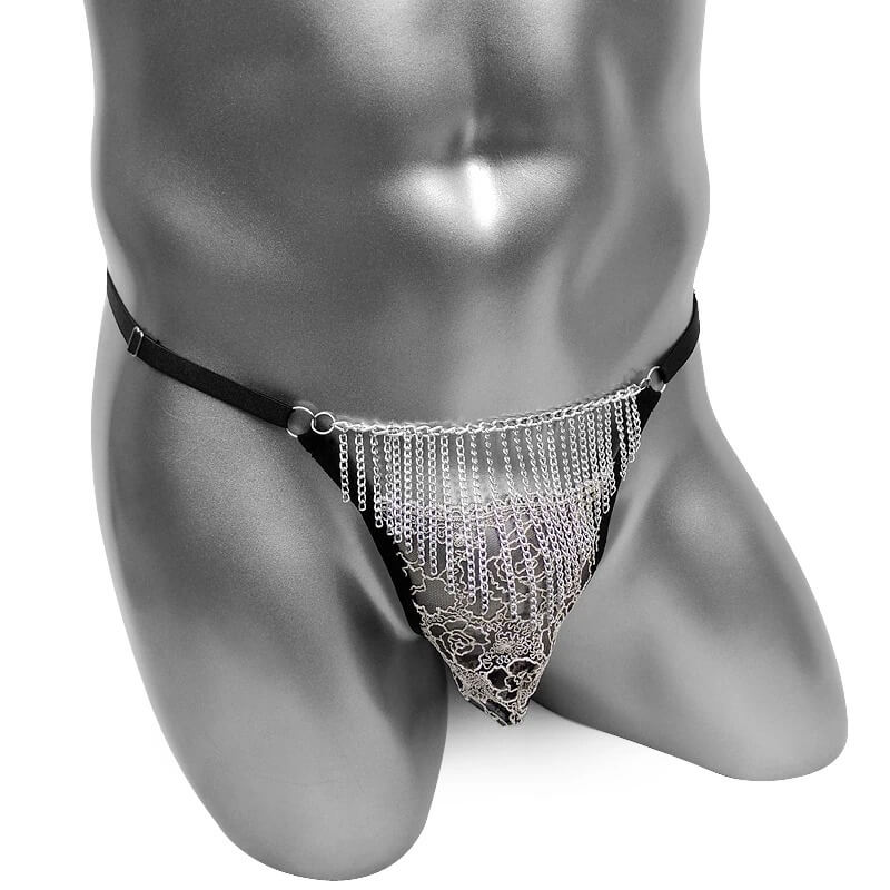 Erotic Men's Open Buttocks Panties / Male Underwear With Floral Lace and Chains - EVE's SECRETS