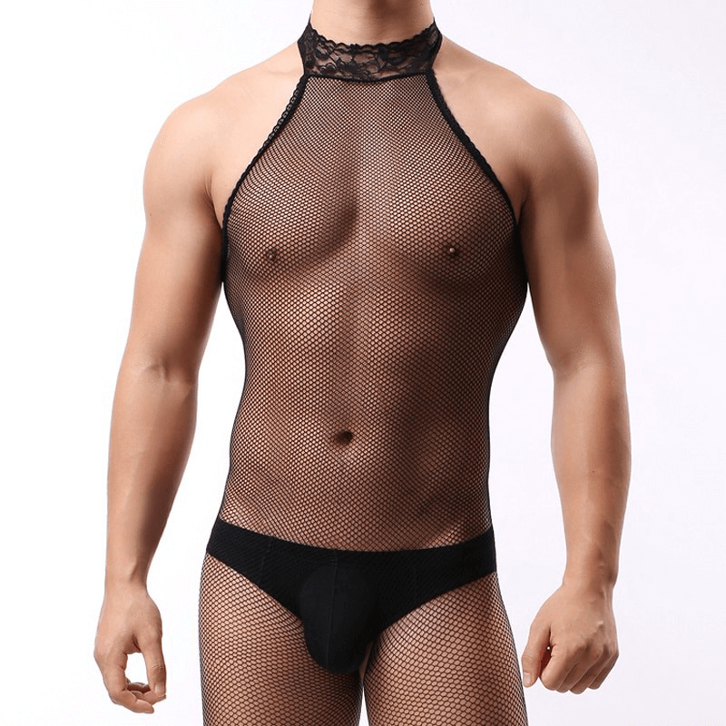Erotic Open Crotch Jumpsuit for Men / Male Sexy Mesh Underwear / Black Bodysuit Costume - EVE's SECRETS