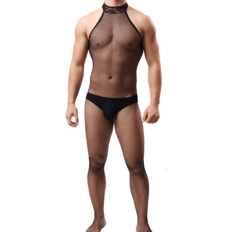 Erotic Open Crotch Jumpsuit for Men / Male Sexy Mesh Underwear / Black Bodysuit Costume - EVE's SECRETS