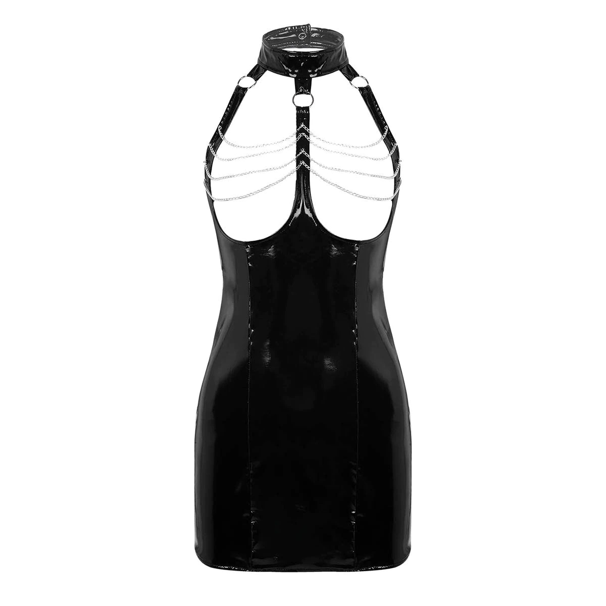Erotic Women's Latex Shiny Dress / PU Leather Black Mini Dress with Open Cup Halter - EVE's SECRETS