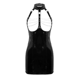 Robe licou brillante érotique pour femmes avec chaînes / robe moulante noire en cuir PU avec buste ouvert
