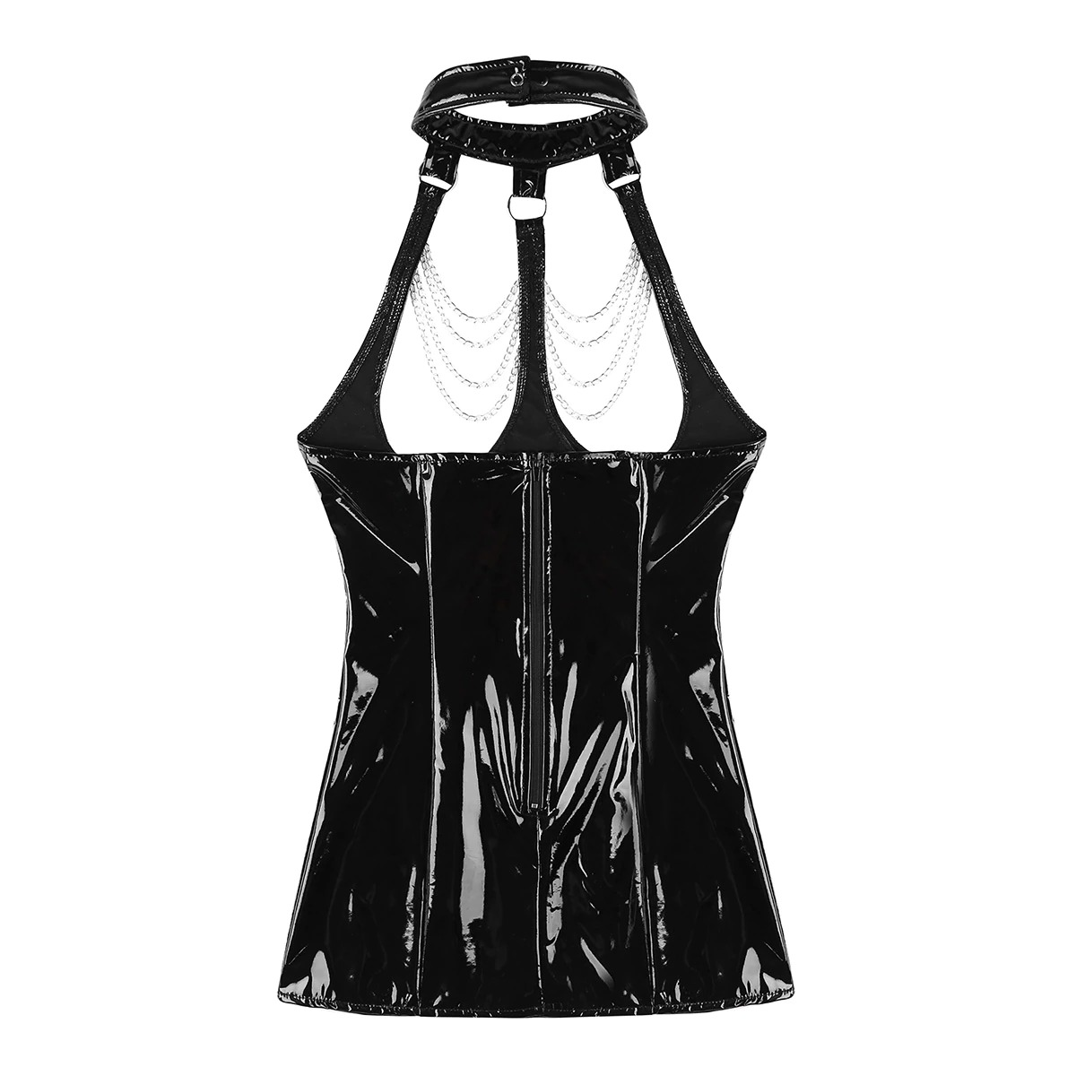 Erotic Women's Latex Shiny Dress / PU Leather Black Mini Dress with Open Cup Halter - EVE's SECRETS