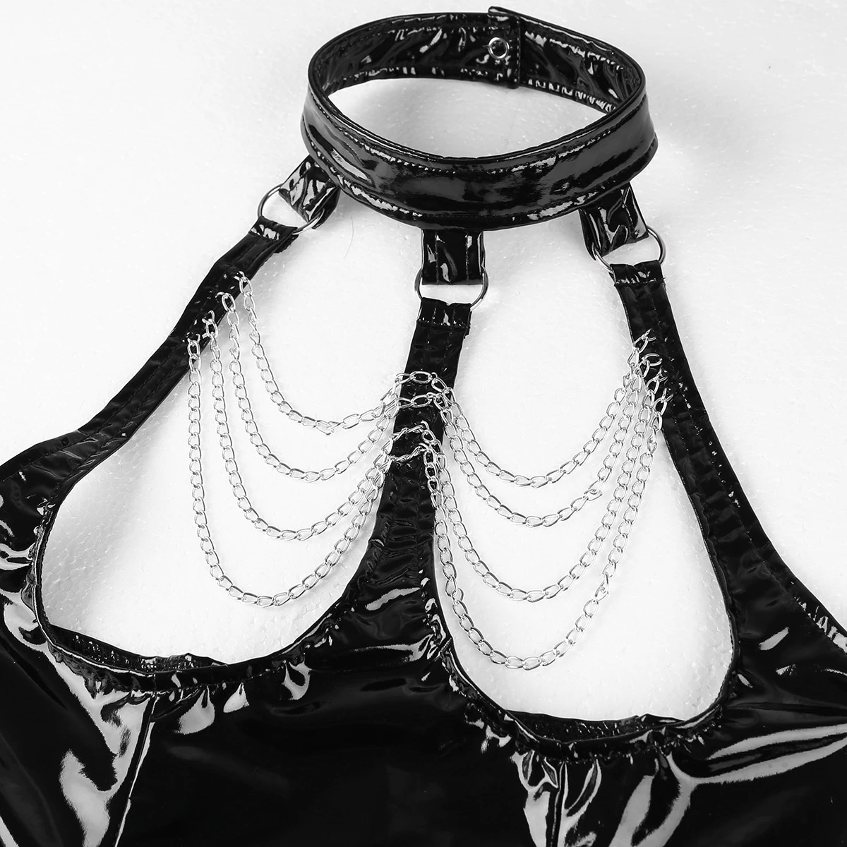 Erotic Women's Latex Shiny Dress / PU Leather Black Mini Dress with Open Cup Halter - EVE's SECRETS