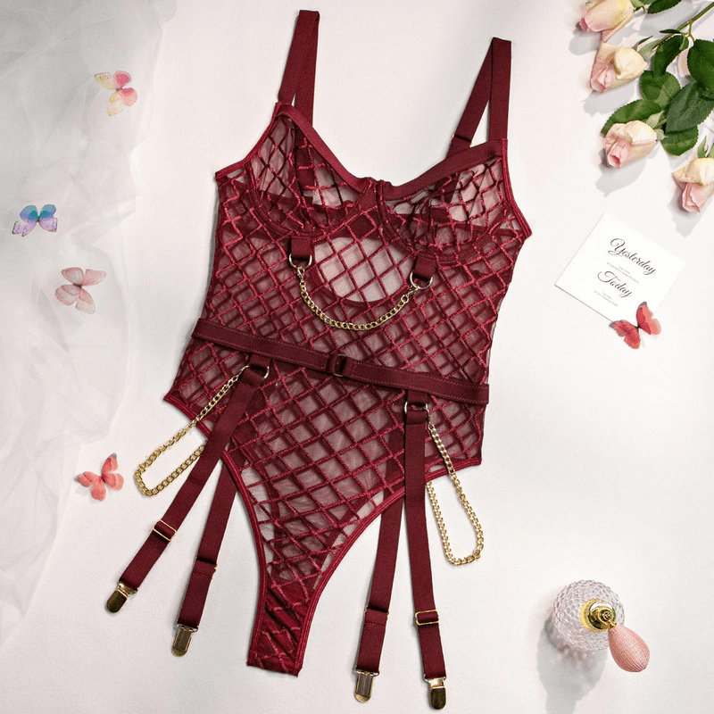 Erotic Women's Sensual Bodysuit With Chain / Sexy Crotchless Transparent Lace Lingerie - EVE's SECRETS