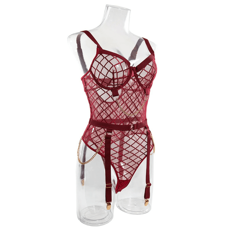 Erotic Women's Sensual Bodysuit With Chain / Sexy Crotchless Transparent Lace Lingerie - EVE's SECRETS