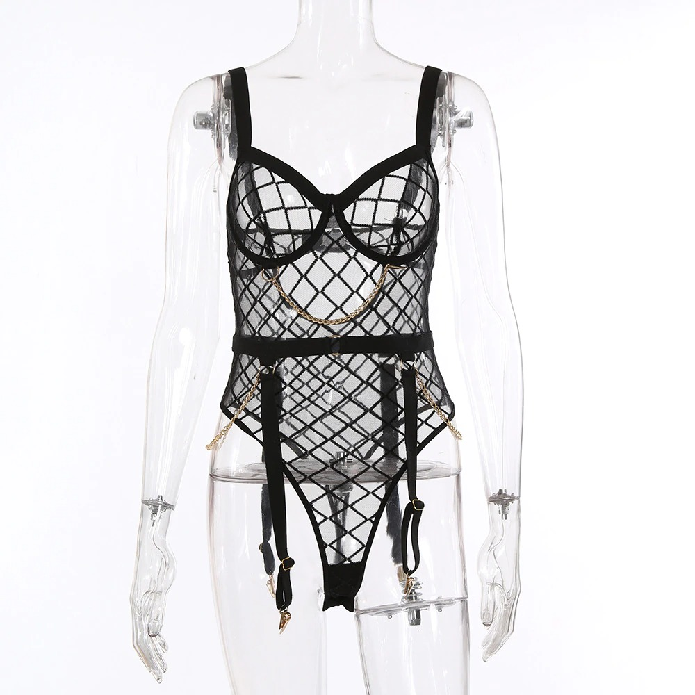 Erotic Women's Sensual Bodysuit With Chain / Sexy Crotchless Transparent Lace Sissy Lingerie - EVE's SECRETS