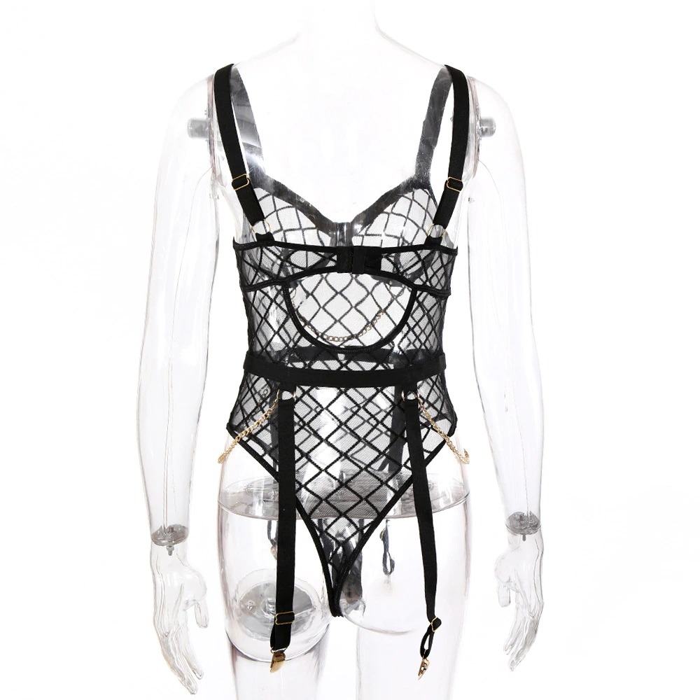 Erotic Women's Sensual Bodysuit With Chain / Sexy Crotchless Transparent Lace Sissy Lingerie - EVE's SECRETS