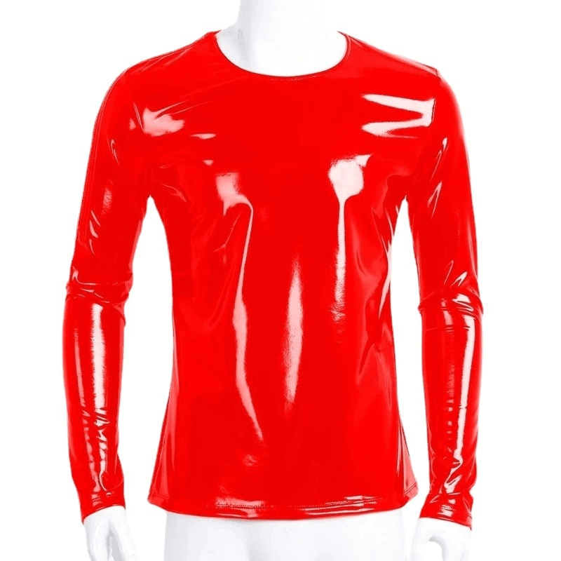 Fashion Men's Wet Look Patent Leather Top / Male Black and Red Shiny Long Sleeves Pullovers - EVE's SECRETS