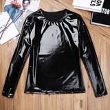 Fashion Men's Wet Look Patent Leather Top / Male Black Shiny Long Sleeves Pullover - EVE's SECRETS