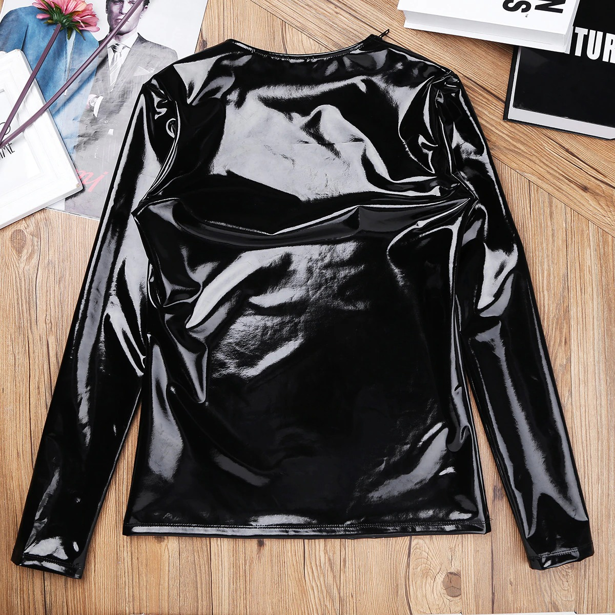 Fashion Men's Wet Look Patent Leather Top / Male Black Shiny Long Sleeves Pullover - EVE's SECRETS