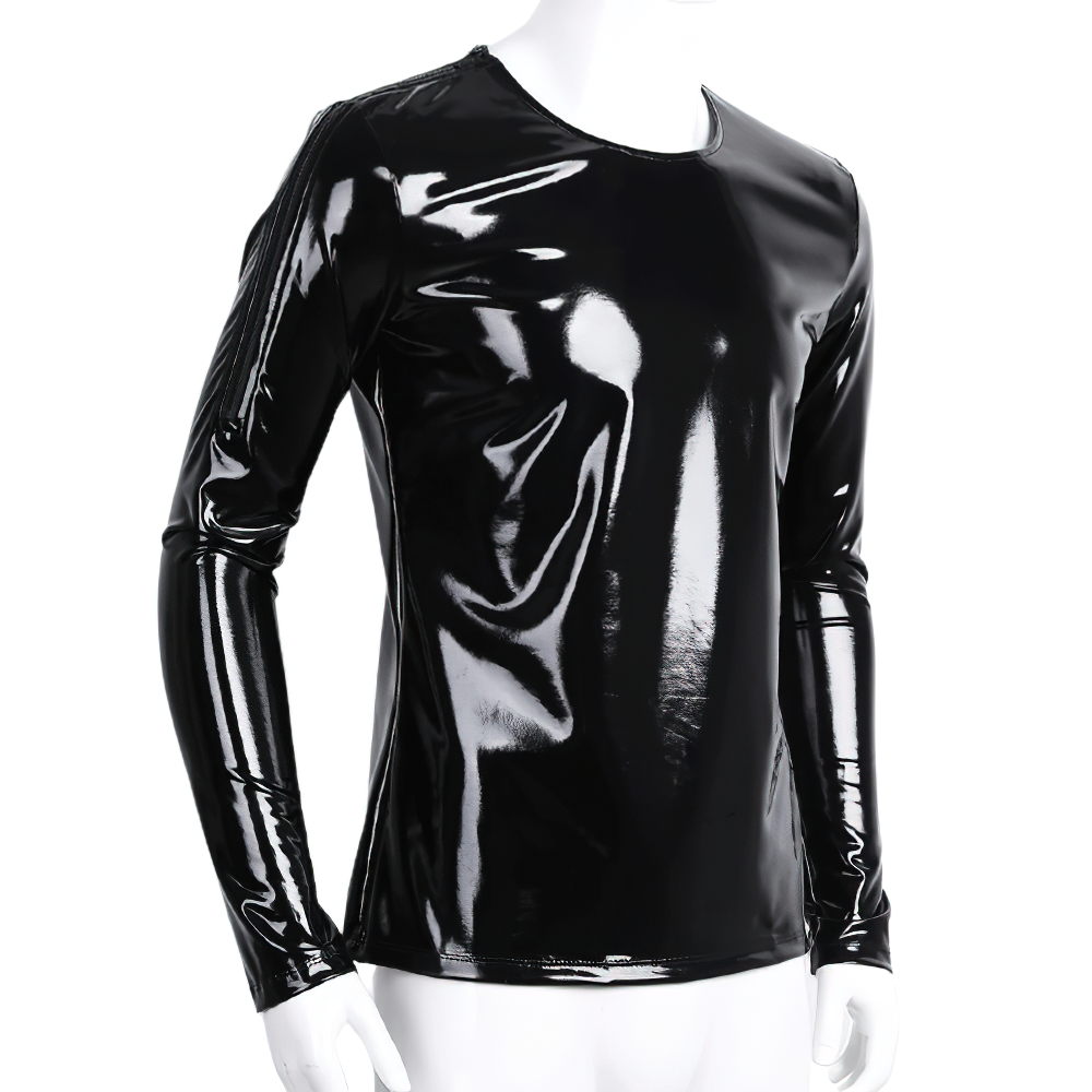 Fashion Men's Wet Look Patent Leather Top / Male Black Shiny Long Sleeves Pullover - EVE's SECRETS