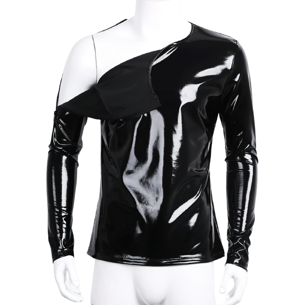 Fashion Men's Wet Look Patent Leather Top / Male Black Shiny Long Sleeves Pullover - EVE's SECRETS
