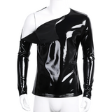 Fashion Men's Wet Look Patent Leather Top / Male Black Shiny Long Sleeves Pullover - EVE's SECRETS
