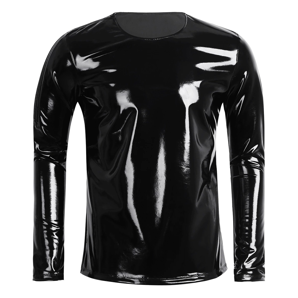 Fashion Men's Wet Look Patent Leather Top / Male Black Shiny Long Sleeves Pullover - EVE's SECRETS