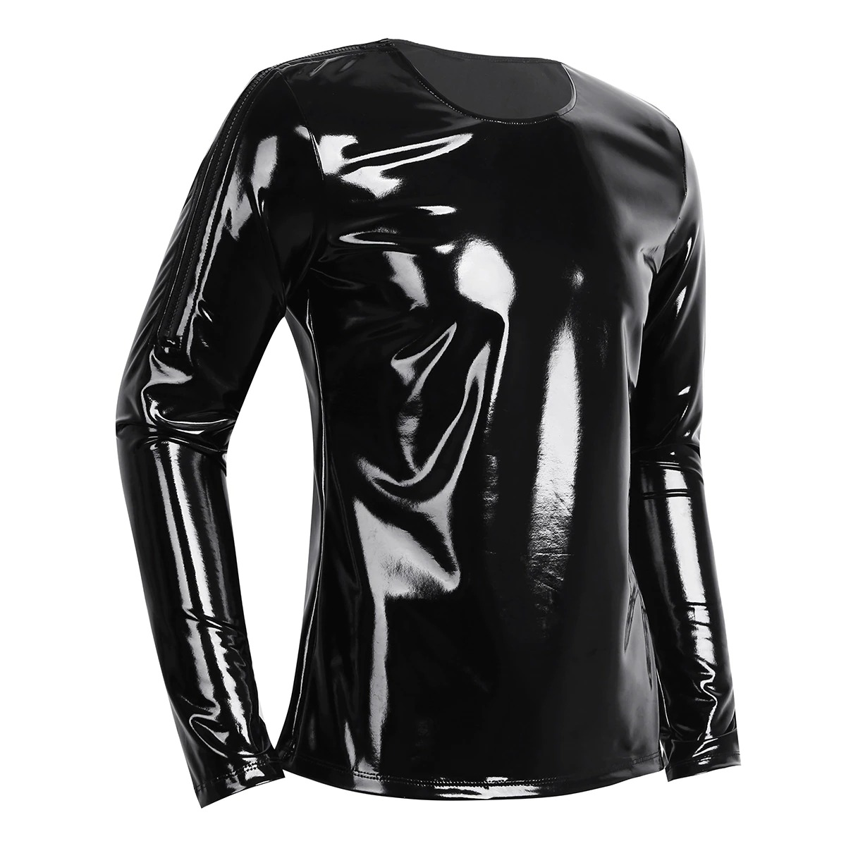 Fashion Men's Wet Look Patent Leather Top / Male Black Shiny Long Sleeves Pullover - EVE's SECRETS