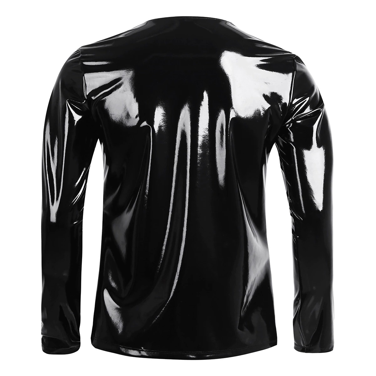 Fashion Men's Wet Look Patent Leather Top / Male Black Shiny Long Sleeves Pullover - EVE's SECRETS