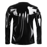 Fashion Men's Wet Look Patent Leather Top / Male Black Shiny Long Sleeves Pullover - EVE's SECRETS