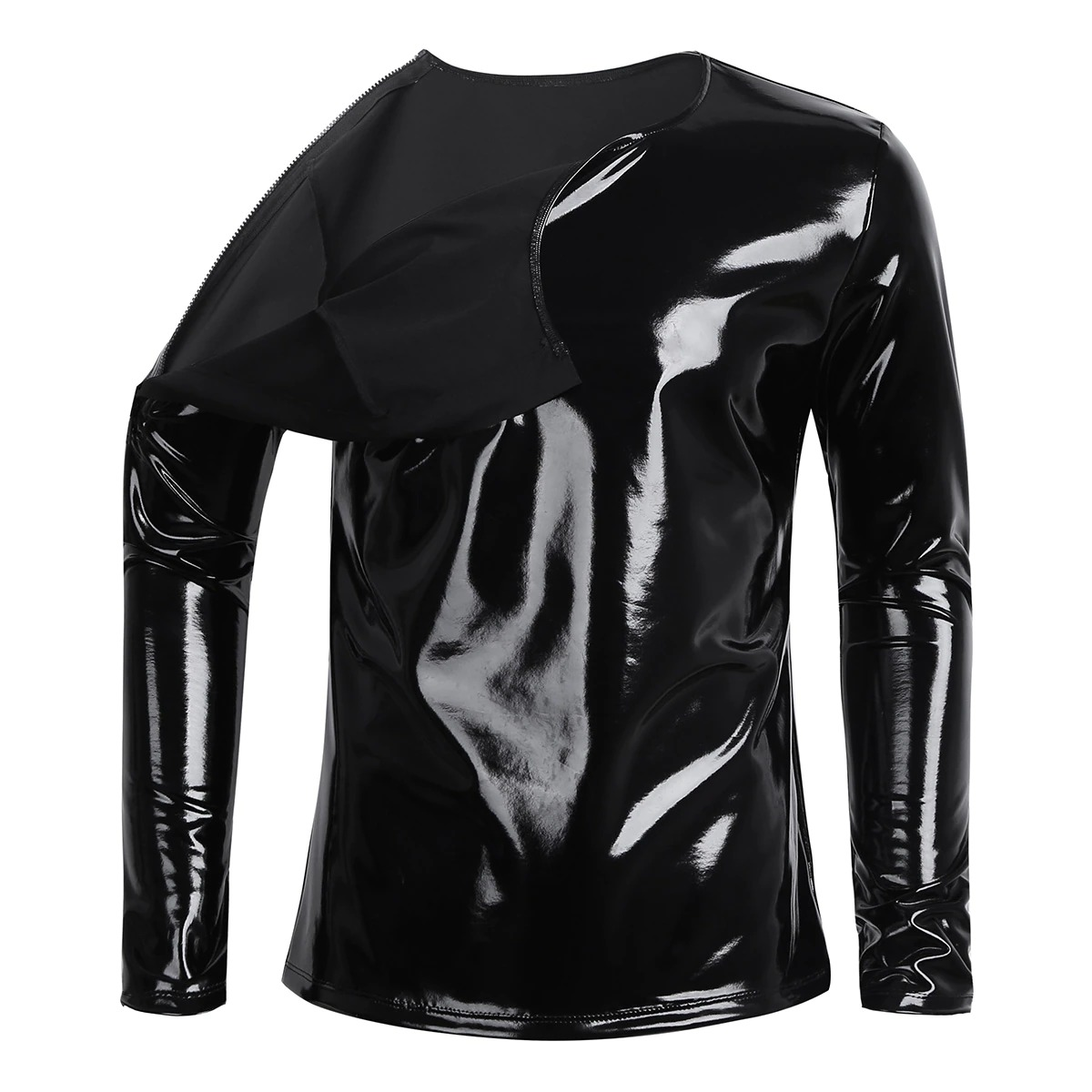 Fashion Men's Wet Look Patent Leather Top / Male Black Shiny Long Sleeves Pullover - EVE's SECRETS