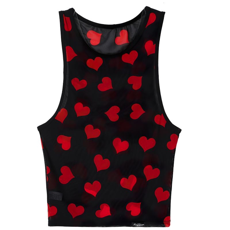 Fashion Summer Streetwear For Men / Heart Print See-Through Mesh Tank Top - EVE's SECRETS