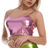 Fashion Women's Glossy Sleeveless Crop Top / Shiny Metallic Camis with Adjustable Spaghetti Straps - EVE's SECRETS