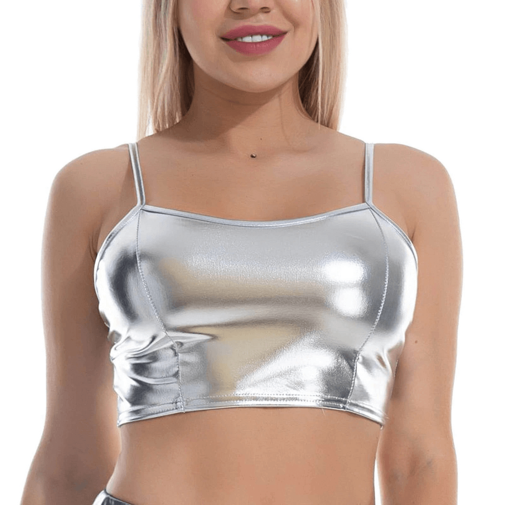 Fashion Women's Glossy Sleeveless Crop Top / Shiny Metallic Camis with Adjustable Spaghetti Straps - EVE's SECRETS