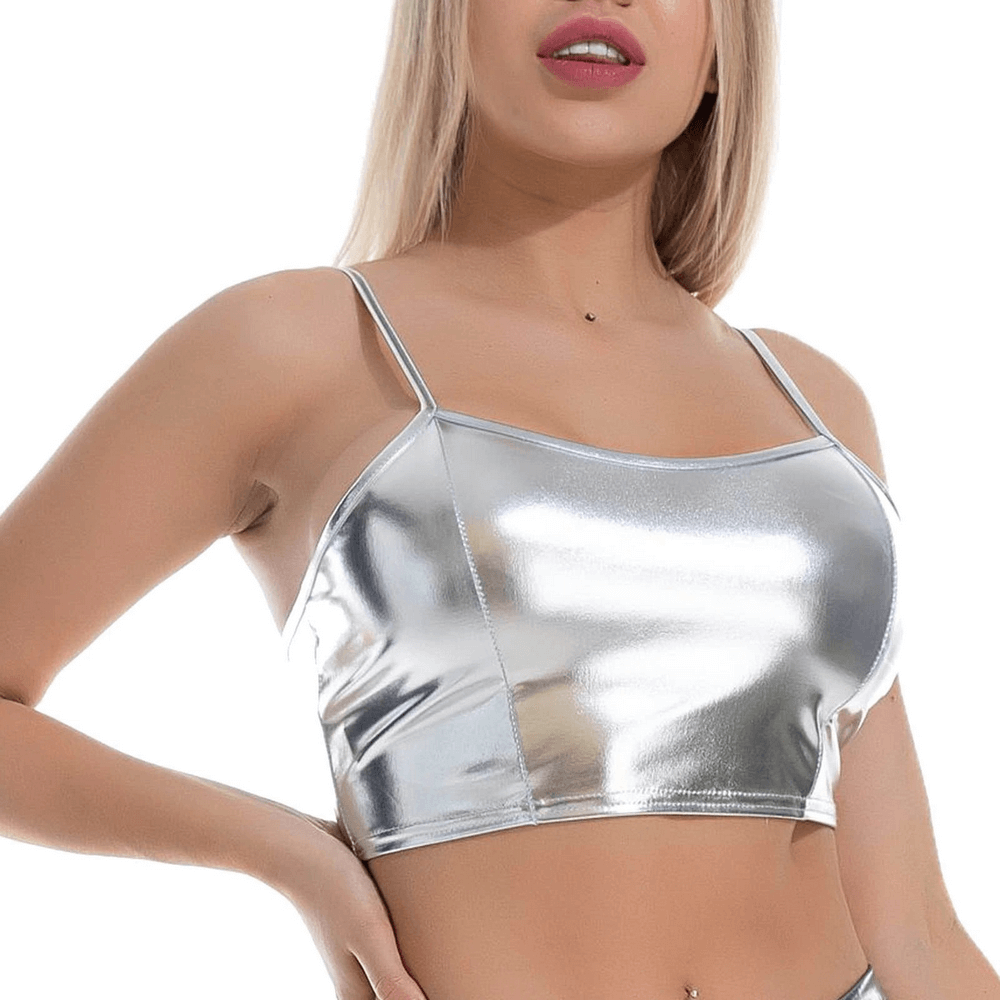 Fashion Women's Glossy Sleeveless Crop Top / Shiny Metallic Camis with Adjustable Spaghetti Straps - EVE's SECRETS